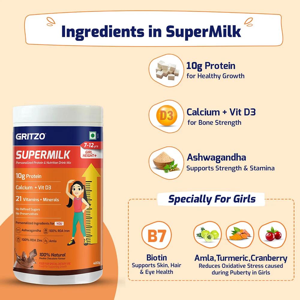 𝑺𝑼𝑷𝑬𝑹𝑴𝑰𝑳𝑲 Height+for Girl 7 to 12 Years, Double Chocolate, Height