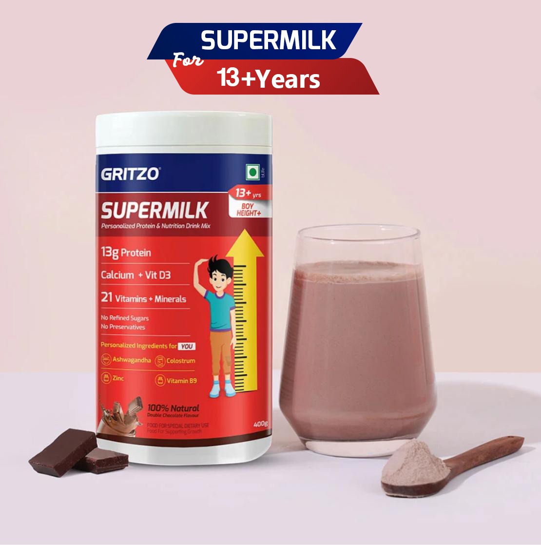 𝑺𝑼𝑷𝑬𝑹𝑴𝑰𝑳𝑲 Height+ for Boy 13+years, 400g, Double Chocolate, Height+
